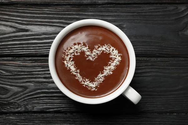 Cup Hot Chocolate Heart Shaped Decoration Black Wooden Table Top — Stockfoto