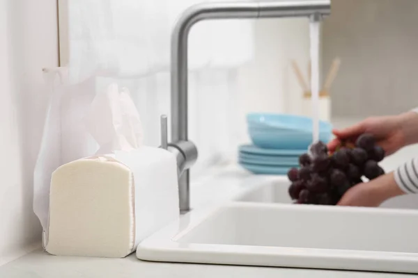 Woman Washing Grapes Running Water Sink Kitchen Focus Paper Towels —  Fotos de Stock