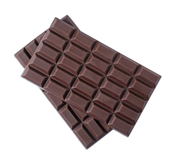 Delicious Dark Chocolate Bars Isolated White Top View — Fotografia de Stock