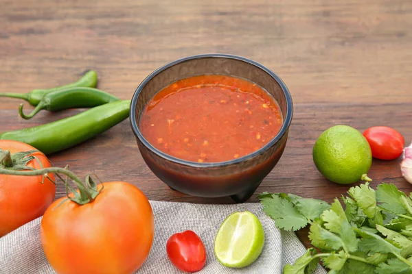 Tasty Salsa Sauce Different Ingredients Wooden Table — Stock Photo, Image