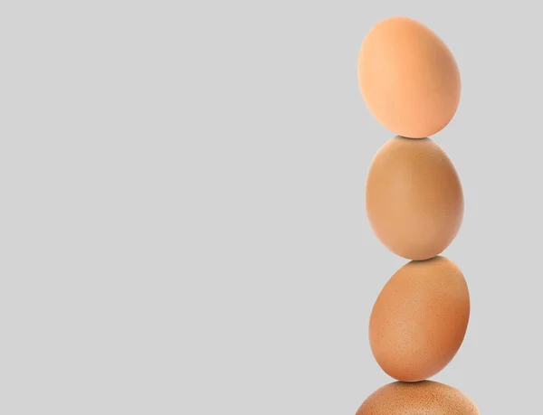Stacked Fresh Chicken Eggs Light Grey Background Space Text — 스톡 사진