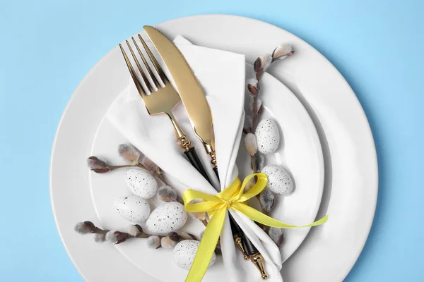 Festive Table Setting Willow Twigs Light Blue Background Top View — Stock Fotó