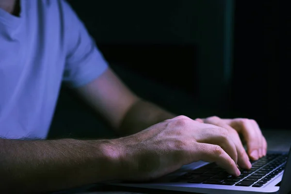 Man Using Computer Night Closeup Internet Addiction — Stok fotoğraf