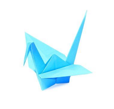 Origami art. Blue handmade paper crane isolated on white