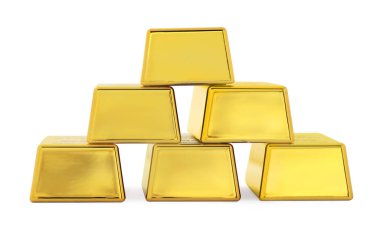 Stack of shiny gold bars isolated on white