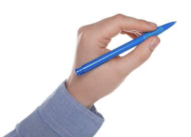 Man holding pen on white background, closeup of hand