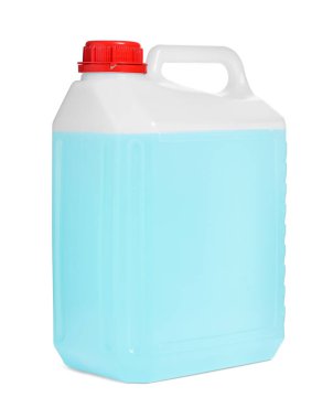 Beyaz üzerine mavi sıvı izole edilmiş plastik kutu.