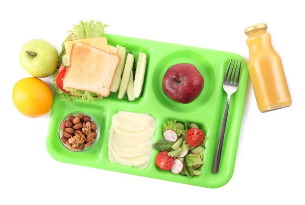 Podawanie Taca Zdrowej Żywności Izolowane Białym Widok Góry Lunch Szkolny — Zdjęcie stockowe