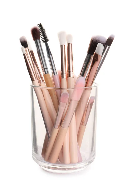 Glass Holder Professional Makeup Brushes White Background — Stockfoto