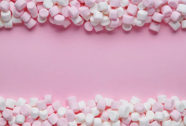 Delicious Marshmallows Pink Background Flat Lay Space Text — Stockfoto