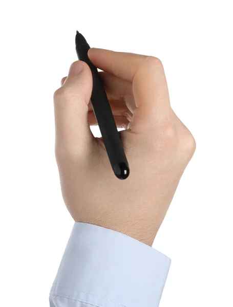 Mann Hält Stift Auf Weißem Hintergrund Nahaufnahme Der Hand — Stockfoto