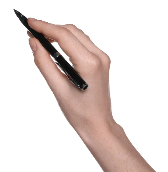 Woman Holding Pen White Background Closeup Hand — Photo