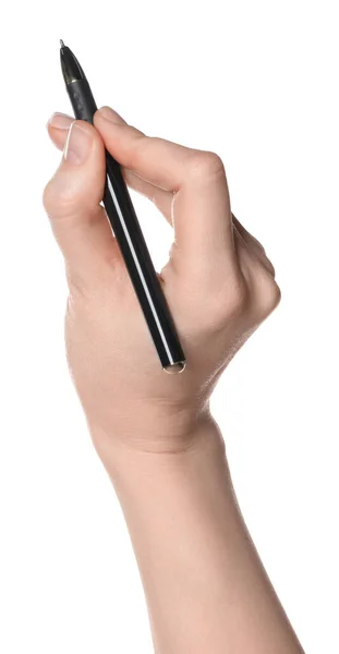 Woman Holding Pen White Background Closeup Hand — Foto de Stock