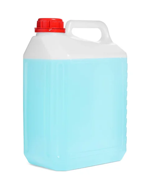 塑料罐 蓝色液体 白色隔离 — 图库照片