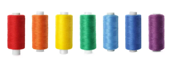 Set Different Colorful Sewing Threads White Background — Stock Photo, Image