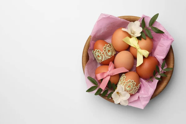 Easter Eggs Colorful Bows Twigs Flowers White Background Top View — 스톡 사진