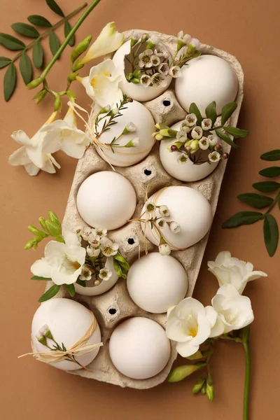 Festive Composition Eggs Floral Decor Brown Background Flat Lay Happy — 스톡 사진