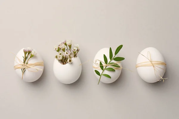 Festive Composition Chicken Eggs Natural Decor Light Grey Background Flat — 스톡 사진
