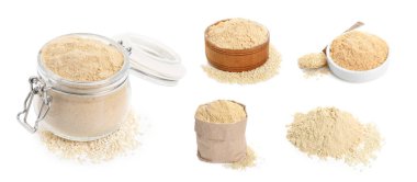 Collage with sesame flour and seeds on white background