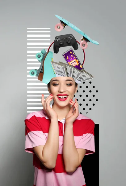 Popular obsessions. Happy woman on color background, money and other things grabbing attention flying from her head