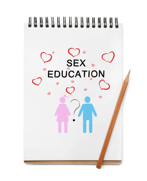 Notebook with text Sex Education, hearts, question mark, woman and man drawings on white background, top view