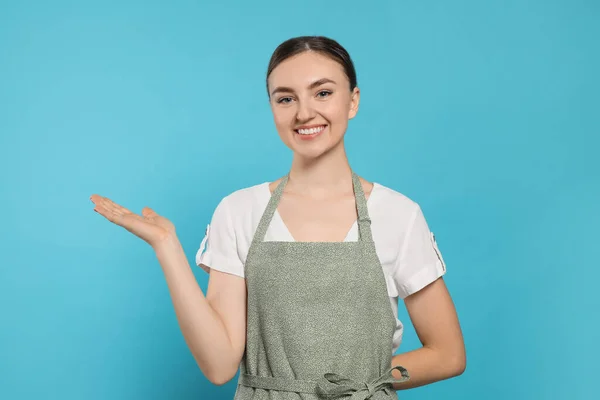 Beautiful Young Woman Clean Apron Pattern Light Blue Background — 스톡 사진
