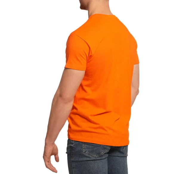 Man Wearing Orange Shirt White Background Closeup Mockup Design — Fotografia de Stock