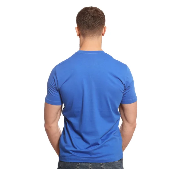 Uomo Con Shirt Blu Sfondo Bianco Vista Posteriore Mockup Design — Foto Stock
