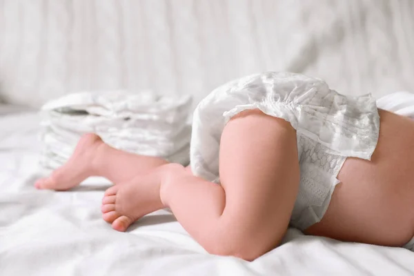 Little Baby Diaper Lying Bed Closeup — Zdjęcie stockowe