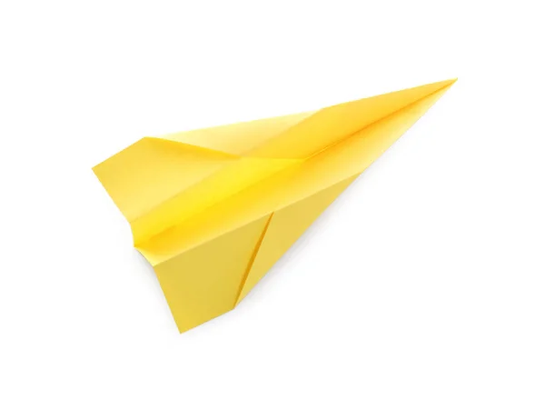 Handgemaakt Geel Papier Vliegtuig Geïsoleerd Wit Bovenaanzicht — Stockfoto