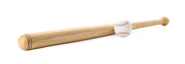Dřevěná Baseballová Pálka Míč Bílém Pozadí Sportovní Vybavení — Stock fotografie