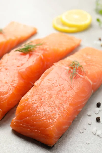 Fresh Raw Salmon Ingredients Marinade Light Grey Table Closeup — Stockfoto