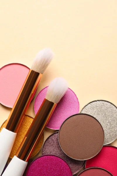 Different Beautiful Eye Shadows Makeup Brushes Beige Background Flat Lay — Photo