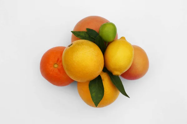 Different Citrus Fruits Leaves White Background Top View — Stock Photo, Image
