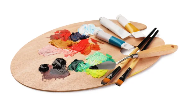 Wooden Palette Oil Paints Tools White Background — Stock fotografie