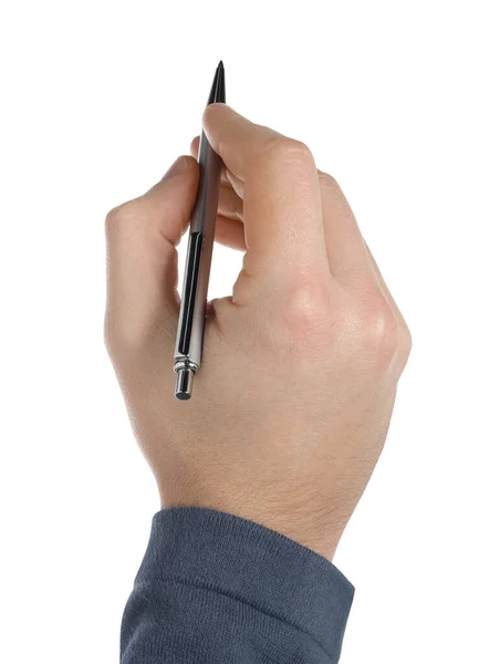 Человек Держит Ручку Белом Фоне Крупным Планом Руки — стоковое фото
