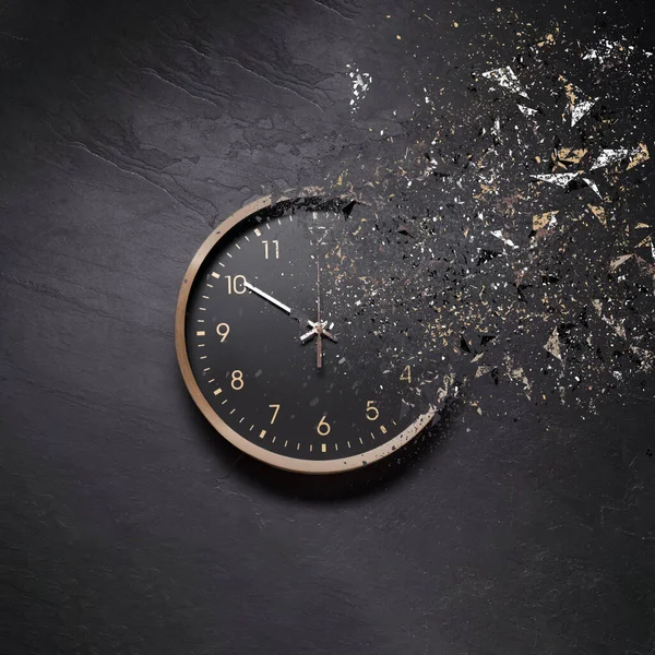 stock image Fleeting time concept. Analog clock dissolving on black background