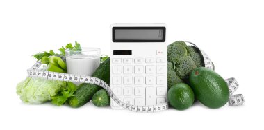 Calculator, measuring tape and food products on white background. Weight loss concept