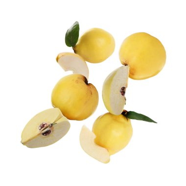 Fresh quinces with green leaves falling on white background