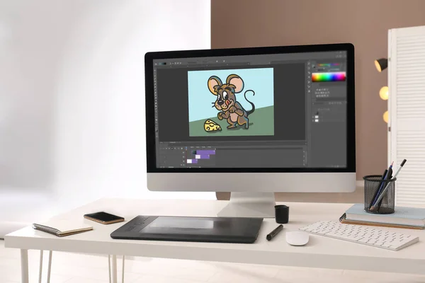 アニメーターの職場 現代のコンピュータ画面上のイラスト — ストック写真