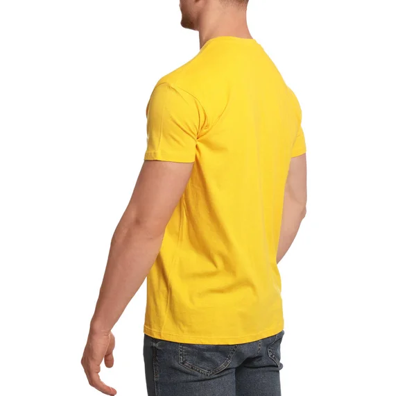 Man Wearing Yellow Shirt White Background Closeup Mockup Design — Zdjęcie stockowe