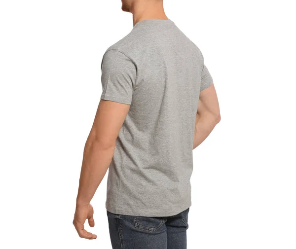 Man Wearing Grey Shirt White Background Closeup Mockup Design — Zdjęcie stockowe