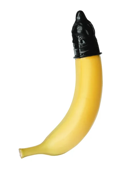 Plátano Con Condón Aislado Sobre Blanco Concepto Sexo Seguro —  Fotos de Stock