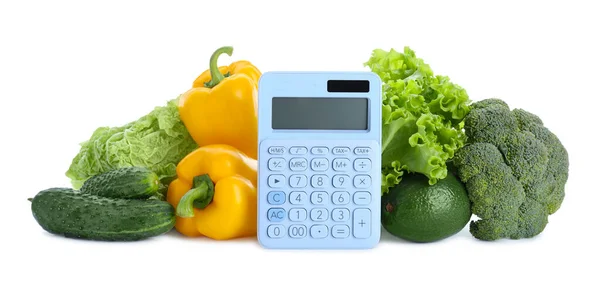 白い背景の計算機と食品 減量の概念 — ストック写真