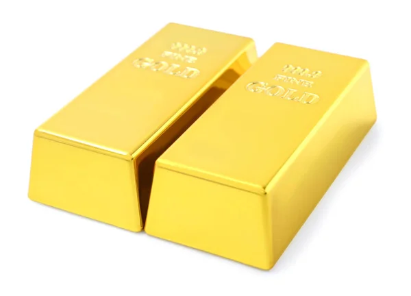 Two Shiny Gold Bars Isolated White — Stockfoto