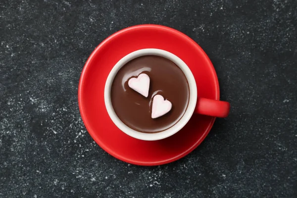 Cup Hot Chocolate Heart Shaped Marshmallows Grey Table Top View — Stock Photo, Image