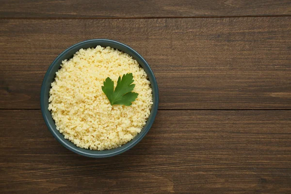 Tasty Couscous Parsley Wooden Table Top View Space Text — Stock Fotó