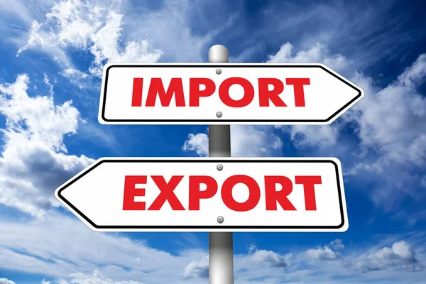 Señal Tráfico Con Palabras Importación Exportación Flechas Apuntando Direcciones Opuestas —  Fotos de Stock