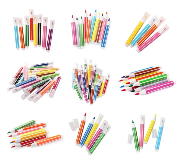 Collage Many Colorful Felt Tip Pens White Background — Stock Photo, Image