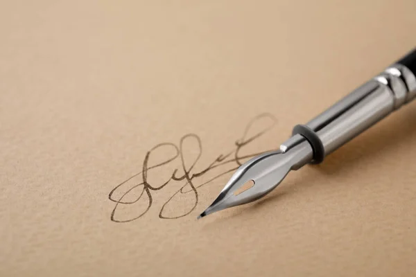 Signature Fountain Pen Sheet Paper Closeup Space Text — Stock Photo, Image